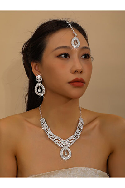 Take Two By Styli 3-Piece Embellished Drop Necklace, Forehead Pendant and Ear...