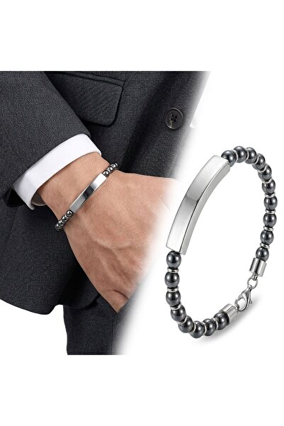 FM 💎   Premium Hematite White Name Engravable and Steel Chain Bracelet 31832...