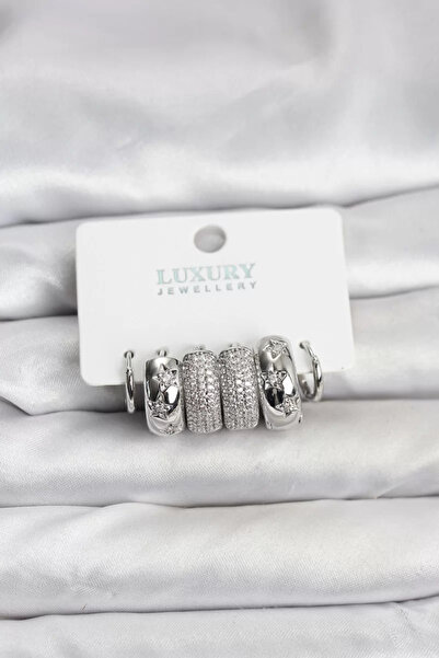 Skygo Zirkon Taşlı Pirinç Gümüş Renk Halka Kadın Küpe Seti - TJ-BKP11488