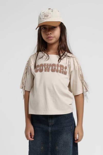 Escabel Girl Child 5-14 Years Old Cow Girl Tasseled Short Sleeve T-Shirt Beige