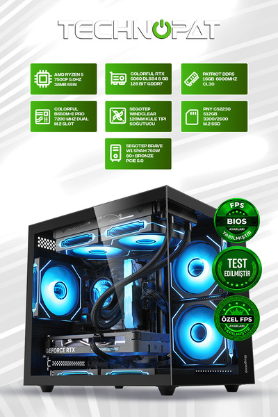 Gamers Arena Technopat GA V2 RX 9060 XT AMD RYZEN 5 7500F 16 GB DDR5 512 GB S...