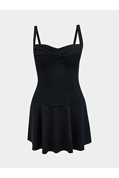 LC Waikiki Black Heart Collar Ruched Detail Women's Swimsuit with Skirt (S6)