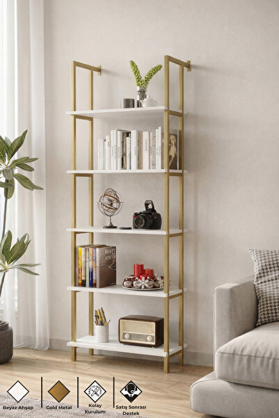 Euromob Dekoratif Raf Ünitesi, 5 Katlı Kitaplık, Duvara monte Raf, Gold Metal...