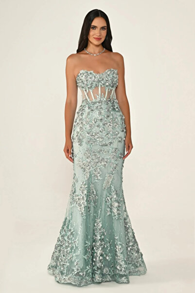 ALFABETA KADIN STRAPLEZ 3 BOYUTLU ÇİÇEK DESENLİ BALIK ABİYE ÖZEL DAVET VE NİŞ...