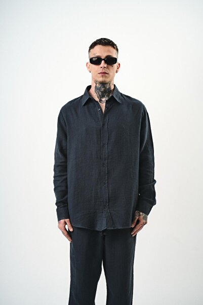 Respire Cămașă de bărbați cu mânecă lungă supradimensionat din muselină, afumată