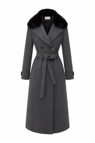 ESİN GİYİM Kadın Kürk Yakalı Kemer Detaylı Araboy Kaşe Kaban