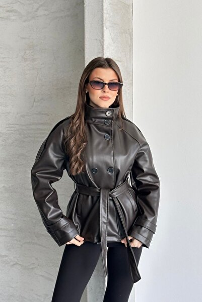 gm giyimarket New Season Mock Neck Short Leather Trench Coat