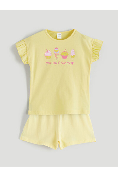 LC Waikiki Giyçık Store Yellow Printed Girls' T-Shirt and Shorts
