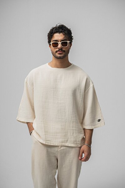 OUTFİT MAN Μουσλίνα Φάκιρ Κρεμ Μπλούζα Oversize με Κοντά Μανίκια