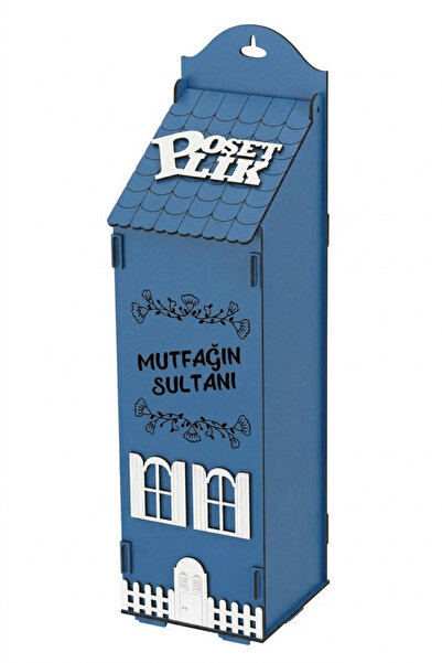 ilay Ahşap Dekoratif Mutfak Için Poşetlik Saklama Kutusu Mavi