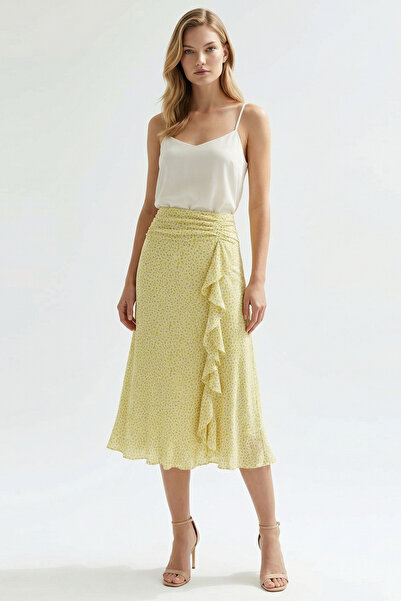 Exquise Yırtmaçlı Fırfırlı Fermuarlı Astarlı Regular Midi Etek