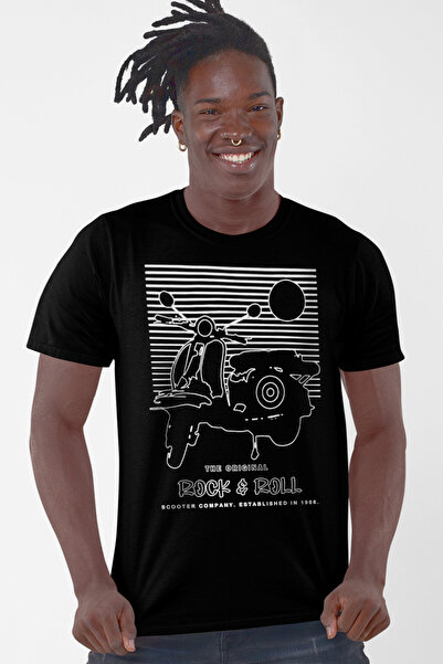 ROCKANDROLL cu dungi Tricou negru pentru bărbați cu mânecă scurtă Scooter