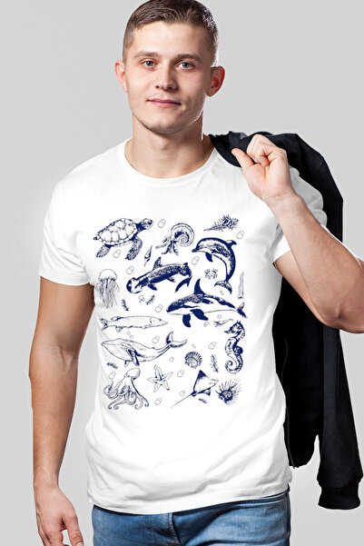 ROCKANDROLL Tricou alb cu mânecă scurtă pentru bărbați Sea Life