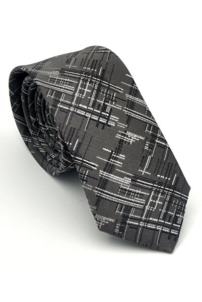 Gaffy Black White Gray Patterned Gray Woven Fabric Handkerchief Slim Fit Tie ...