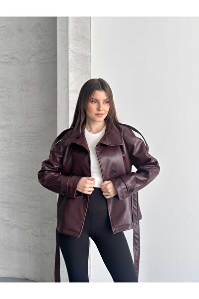 gm giyimarket New Season Mock Neck Short Leather Trench Coat