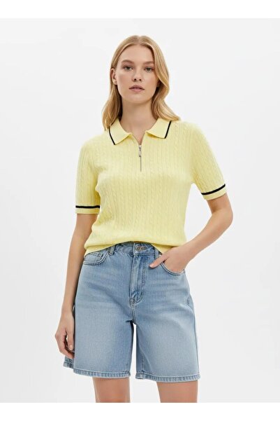 Park Karon Women's Polo Collar Hair Knit Zipper Detail Knitwear Sweater 12441