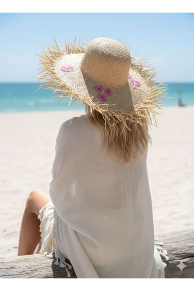 Trend Şapka 19037 Μπεζ ψάθινο καπέλο με κρόσσια και κέντημα