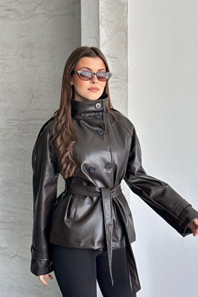 gm giyimarket Νέα Σεζόν ψηλός λαιμός Κοντό παλτό Δερμάτινο Trench