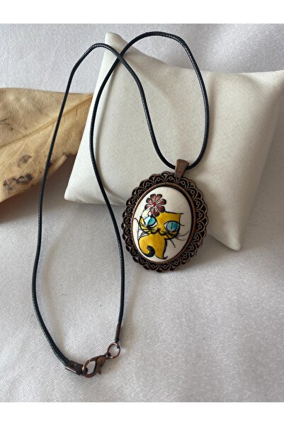 HEDİYEM EVİME Kedili Çiçekli Çini Kolye Siyah Deri İpli