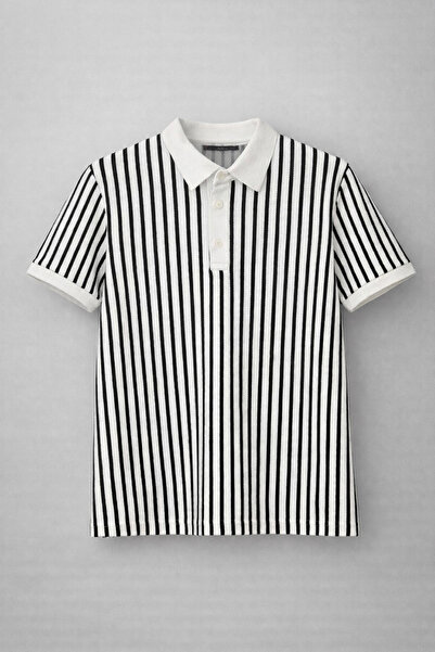 OUTFİT MAN Cotton Striped Polo Collar Tshirt White