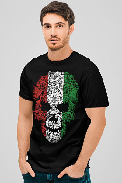 ROCKANDROLL Tricou negru cu mânecă scurtă pentru bărbați, cu craniu italian