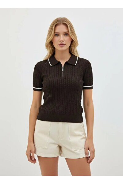 Park Karon Women's Polo Collar Hair Knit Zipper Detail Knitwear Sweater 12441