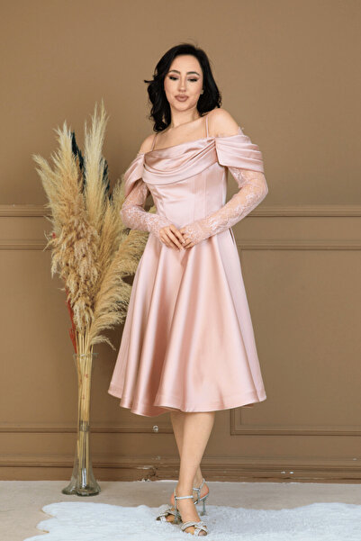 BEYBOS Satin Fabric Degaje Collar Lace Detailed Midi Dress - Pudra