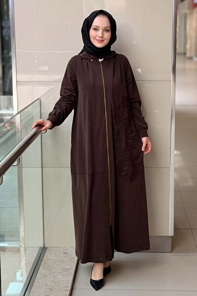 Nurcan Çetin Çıkarılıbilir Kapüşonlu Kabartma Çiçek Desenli Ferace