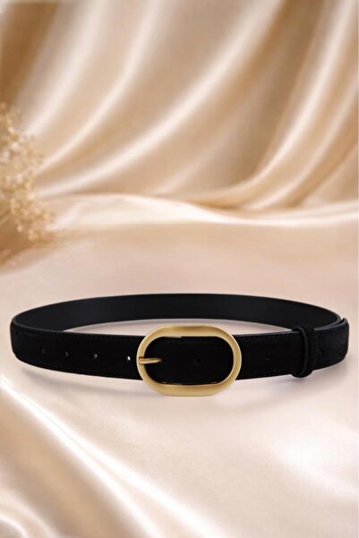 WilliamPolo Mira Genuine Suede Leather Gold Buckle Black Women's Belt