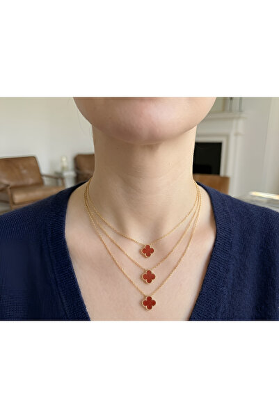 Elora Veyn Kadın 3 Kırmızı Yonca Çelik Kombin Kolye