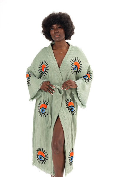 Denizli Kimono 100% Cotton Muslin Kimono, Sun Eye Printed Kaftan, Kimono, Dre...