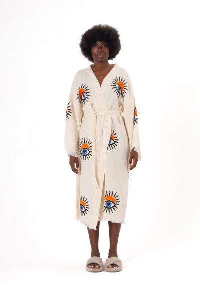 Denizli Kimono 100% Cotton Muslin Kimono, Sun Eye Printed Kaftan, Kimono, Dressing Gown, Beach Wear
