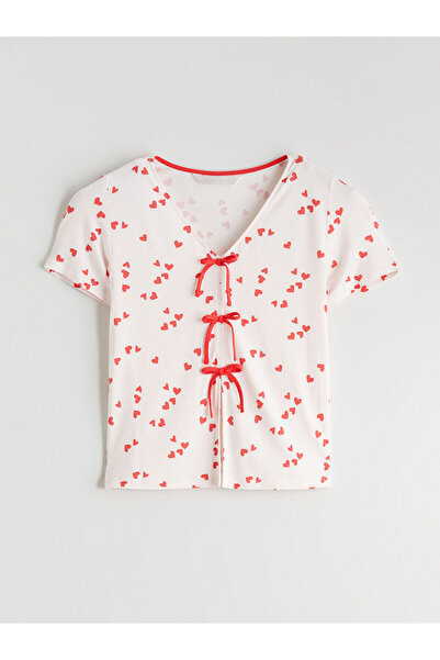 LC Waikiki Özmarka Νέα σεζόν V-λαιμόκοψη με φιόγκο καρδιά με τύπωμα Γυναικεία...