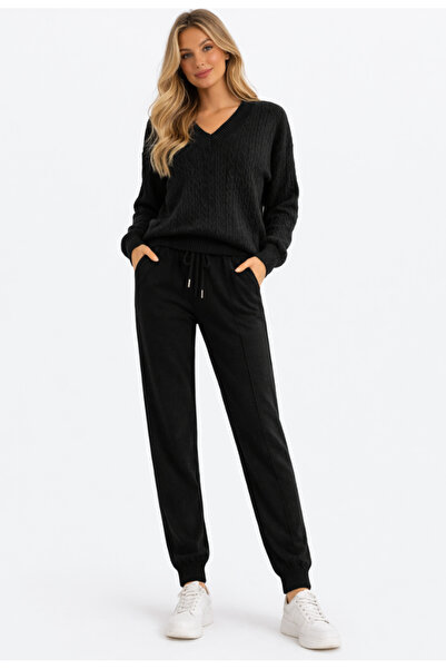 Nobrand Women's black knitted set with V-neck blouse and Stretchy Jogger Pants
