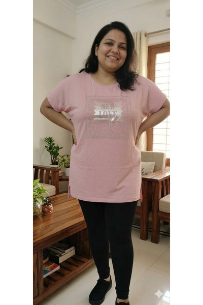 Stor Kadın Pembe 'New Love' Baskılı Büyük Beden Pamuklu Rahat Kesim Tişört
