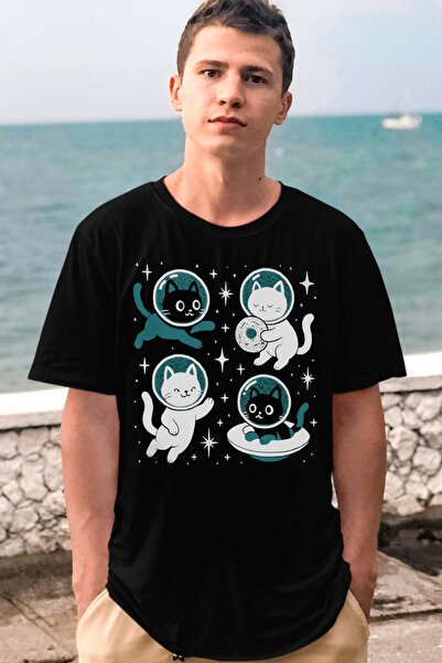 ROCKANDROLL Tricou negru cu mânecă scurtă Astro pisică pentru bărbați
