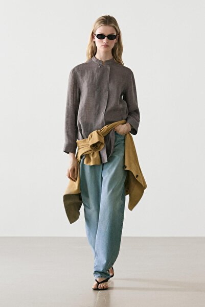 Massimo Dutti Düğme detaylı dökümlü keten karışımlı gömlek