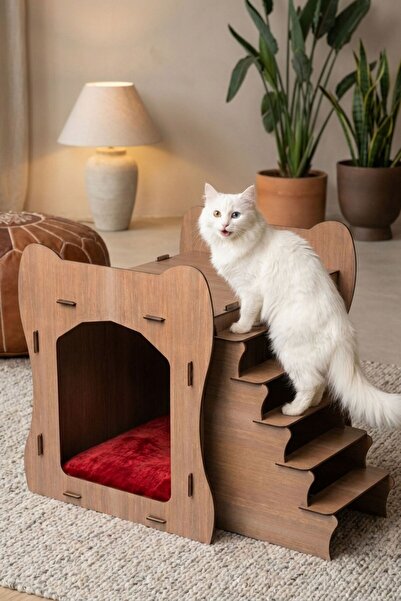 Pandogo Kedi Evi Kedi Yuvası Ceviz Renk Ahşap Kedi Kulübesi Model 3