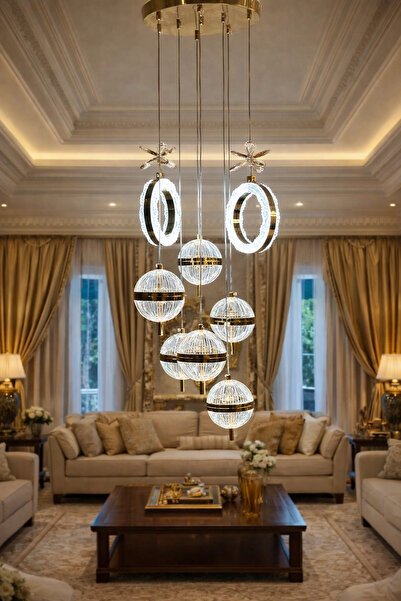 Lamira aydınlatma Modern Lüks 8’li Sarkıt LED Avize – Gold Detaylı Dekoratif ...