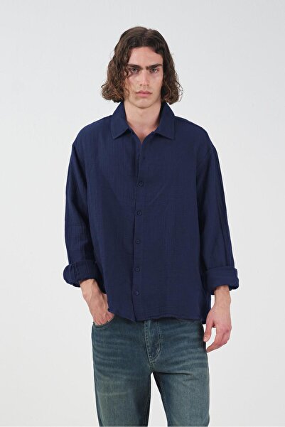 GIESTO Textured Dark Blue Muslin Shirt