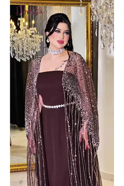 domiga فستان سهرة بني أنيق مع كاب مطرّز شفاف