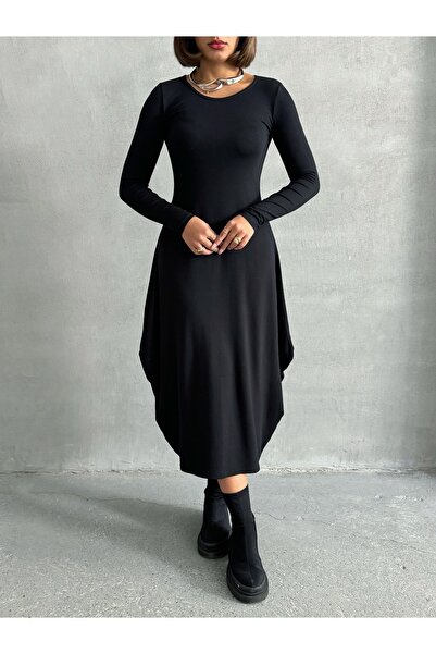 peralist Women's Black Shalwar Cut Long Sleeve Viscose Elastane Long Dress