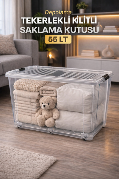 LOREMPBOX صندوق تخزين بعجلات سعة 55 لتر مع قفل لتنظيم التخزين