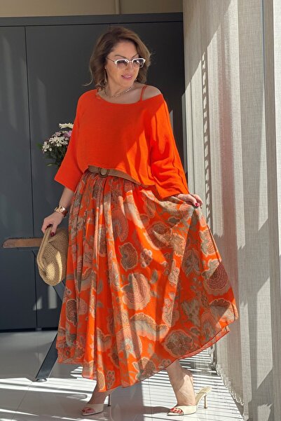 MİSLİNA BUTİK Çiçek Desen İthal Turuncu Elbise