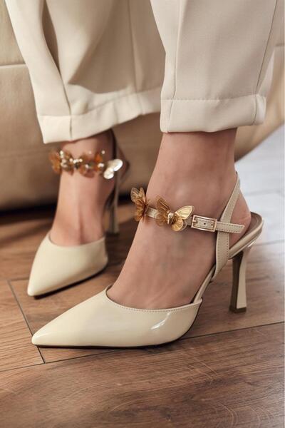 I Love Shoes Senar Stiletto Beige Patent Leather with Butterfly Detail
