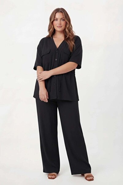 RMG Waist Tie Detailed V-Neck Women's Plus Size Jacket and Trousers Set Black