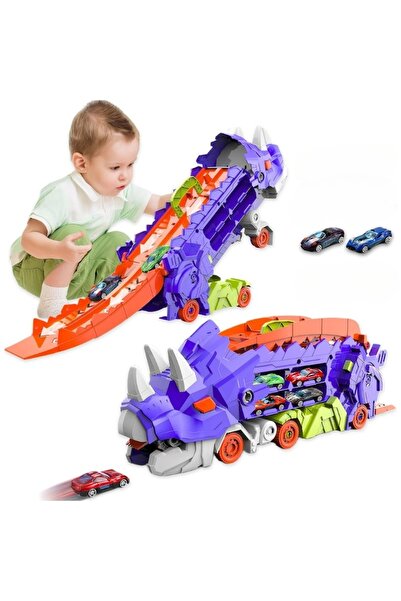 ZanaCasei Set de joacă 2 în 1 cu camion de transport dinozauri și rampă de la...