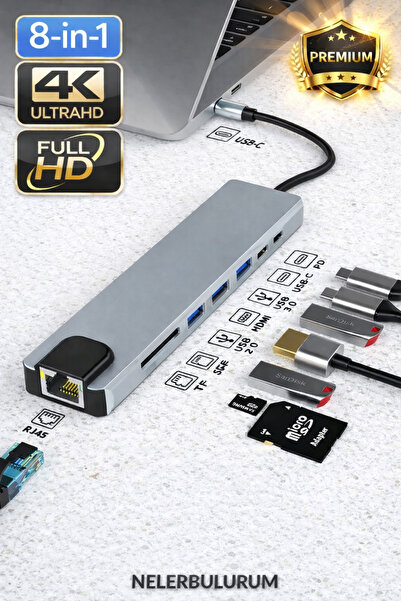 nelerbulurum Type-C 8in1 USB Hub 4K HDMI PD Şarj Ethernet USB 3.0 SD/TF Kart ...