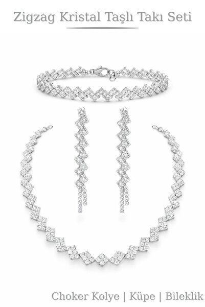 HUBANN Geometric Zigzag Crystal Stone Evening Dress Jewelry Set Necklace Earr...