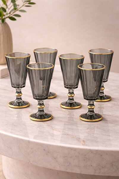 YzHome 6 Lı Flüt Füme Yaldızlı Kahve Yanı Su Bardağı Kadeh Kupa Bardak 75ml